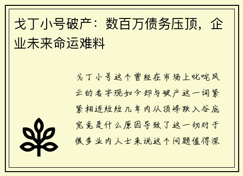 戈丁小号破产：数百万债务压顶，企业未来命运难料